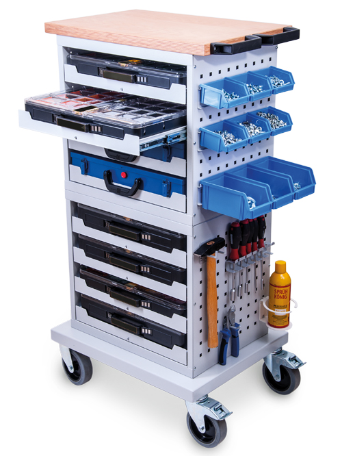 Flex-Box-Schrank mobil,
 2x Kofferschrank mit glatter Seitenwand, 4x Lenkrollen