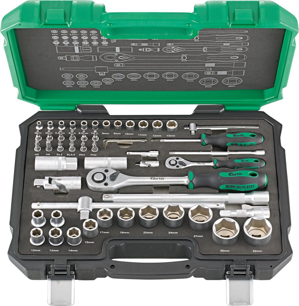 Steckschlüssel-Garnitur 1/4"+1/2" 55-teilig FORTIS